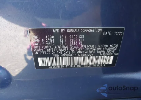 2021 Subaru Legacy Premium from USA, damaged, VIN 4S3BWAD60M3004324